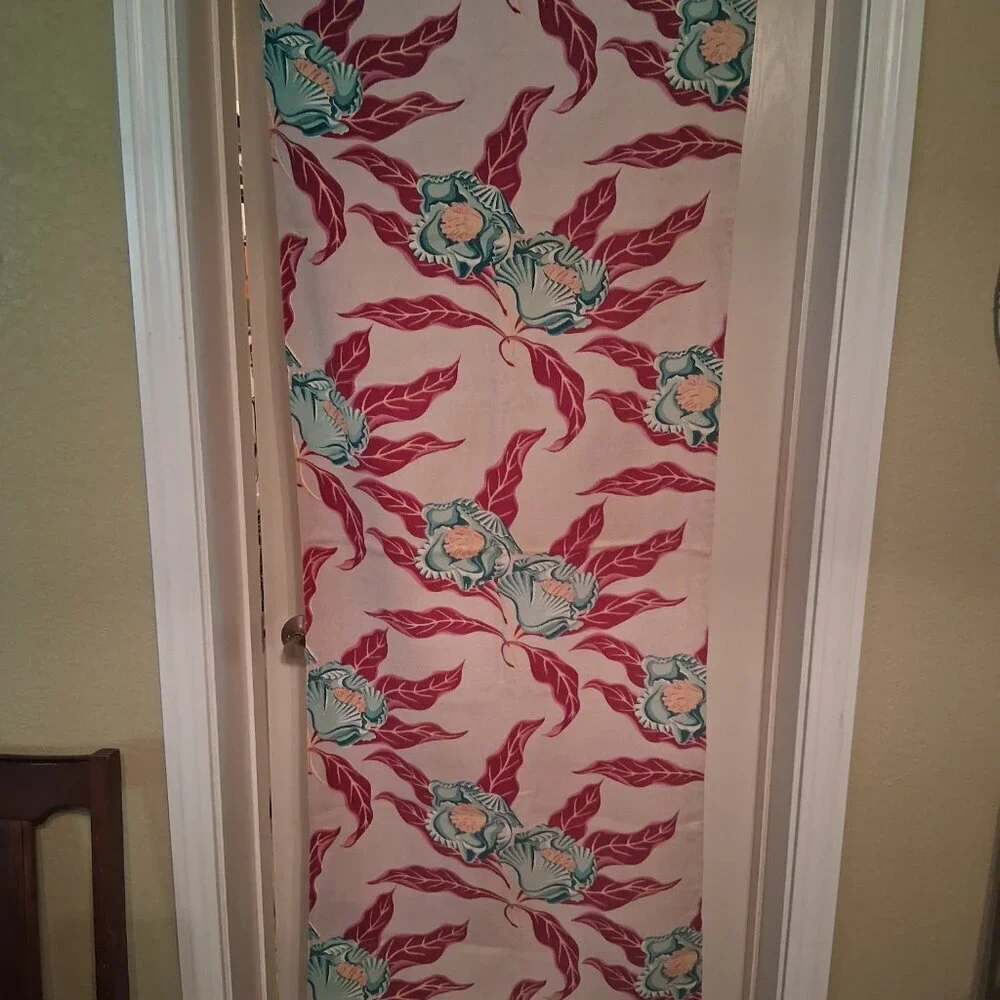 🔥 Atomic‑Era Vintage Barkcloth Panel • Bold Teal Floral + Red Leaves • 23x62